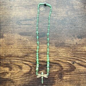 Green Beaded Necklace with Dragonfly Charm